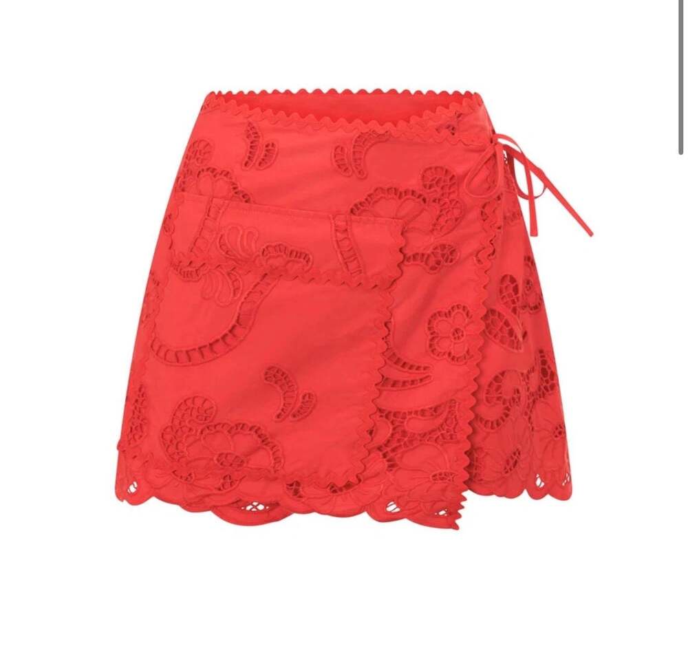 Saboskirt Florentina Mini Wrap Skirt Red Eyelet Embroidery Size M